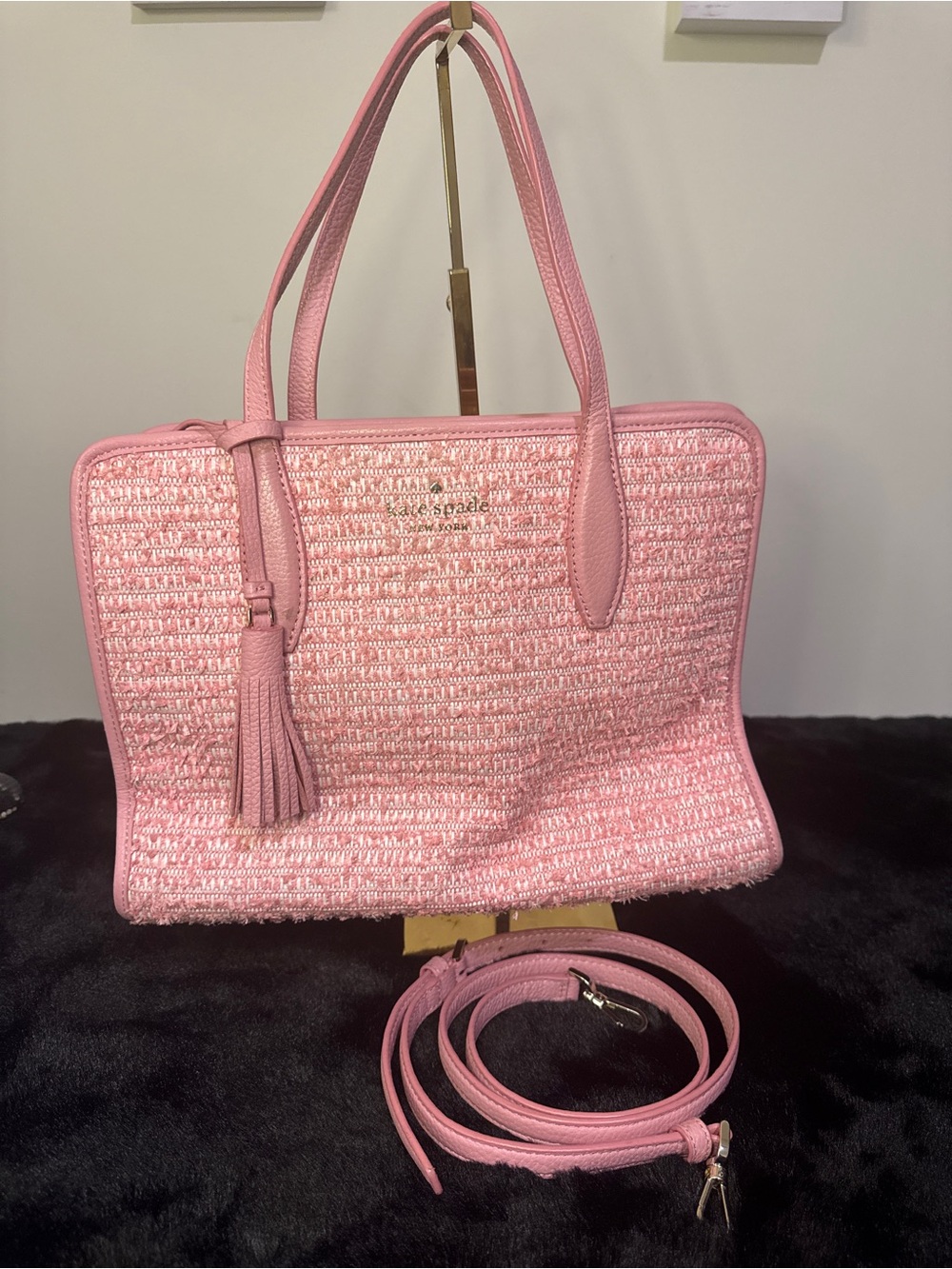 kate spade Pink Woven Tote with Tassel and Detachable Strap